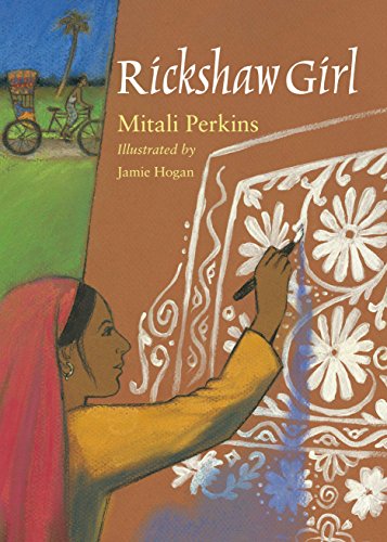 Book cover: “Rickshaw Girl” with a girl painting floral designs.