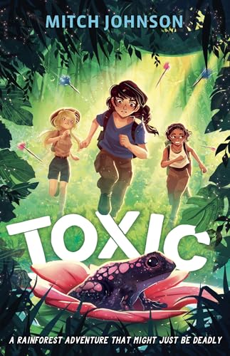 Book cover: three girls running through a jungle, large pink frog.