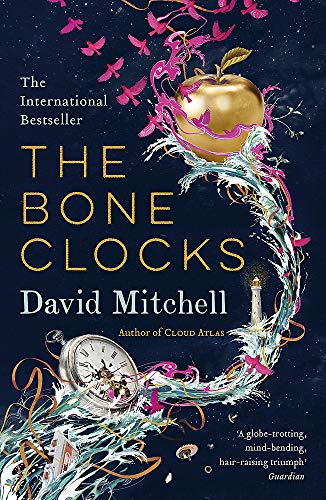Book cover for “The Bone Clocks” with an apple, clocks, and birds.