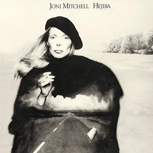 Joni Mitchell’s “Hejira” CD cover: portrait with blurred road and sky.