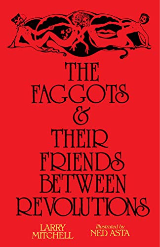 Book cover with black line art of figures on red background and black text.