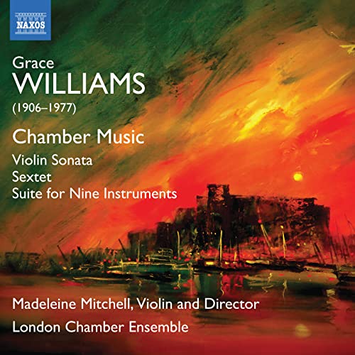 CD cover for Grace Williams' chamber music with a fiery cityscape.
