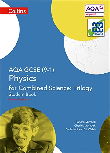 Blue and yellow textbook cover for AQA GCSE Physics, with portrait.