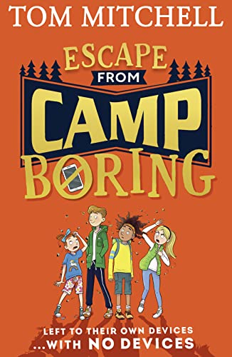 Book cover: "Escape from Camp Boring" with illustrated children and trees.