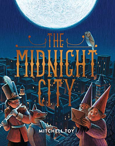 Book cover: "The Midnight City" with figures, a fox, and a large moon.