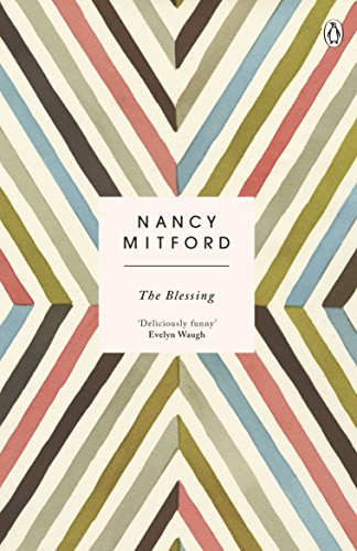 Book cover with chevron pattern in muted colors and text title The Blessing by Mitford.