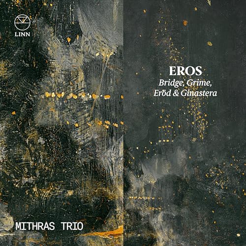 CD cover for Mithras Trio’s “Eros” with abstract gold and black textures.