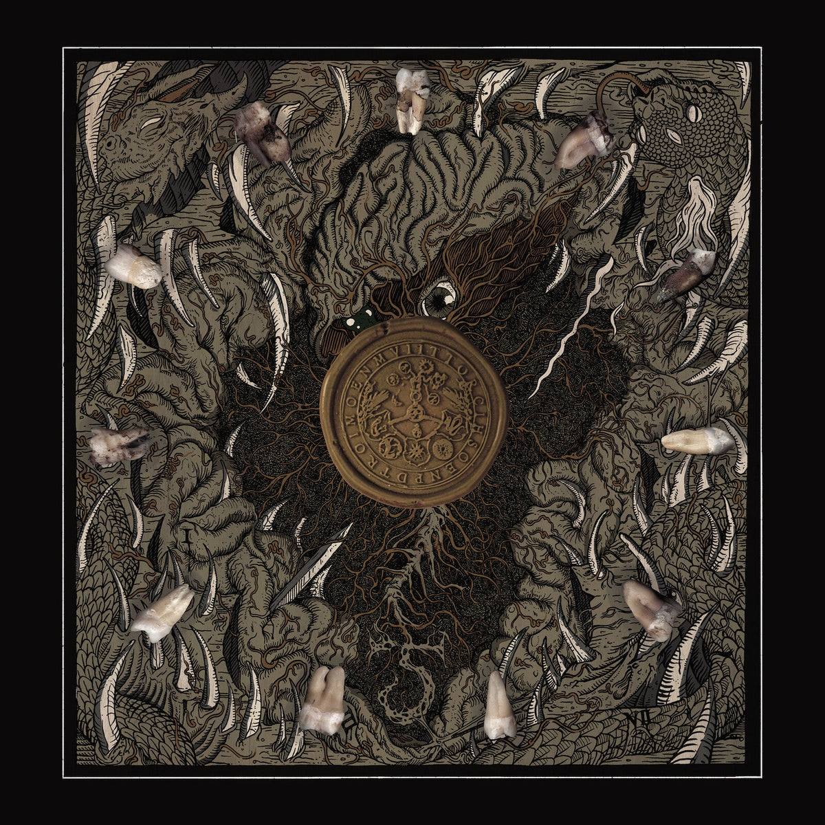 Intricate, dark illustration of claws, teeth, and a central golden emblem.