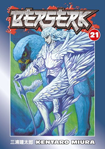 Berserk Volume 21 cover: Guts in armor with a large bird of prey.