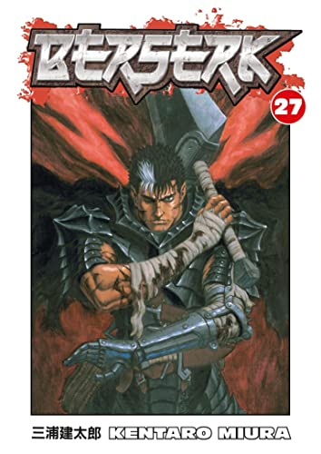 Berserk Volume 27 cover: Guts, a warrior, with a large sword, in red tones.