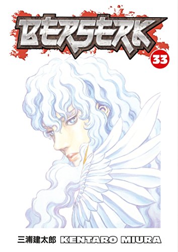 Berserk Volume 33 manga cover featuring a portrait of Griffith with white hair and wings.