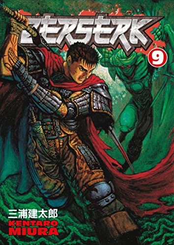 Guts in armor wielding a sword against a green monster on Berserk volume nine cover.