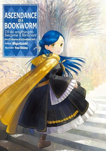 Anime girl with blue hair in a black dress and yellow cape on stairs.