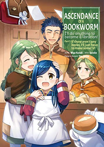 Manga cover featuring three characters and a small cake on a table.