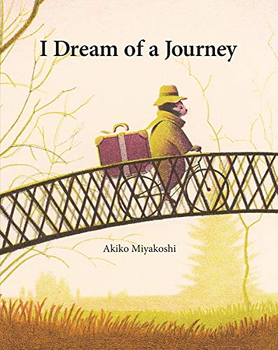 Bear with suitcase cycles across a bridge in illustrated book cover.