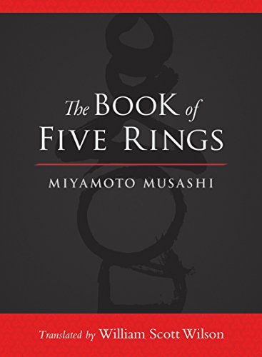 Book cover for The Book of Five Rings by Miyamoto Musashi on dark background.