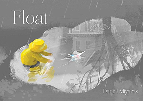 Child in yellow raincoat launching a paper boat into a flooded street.
