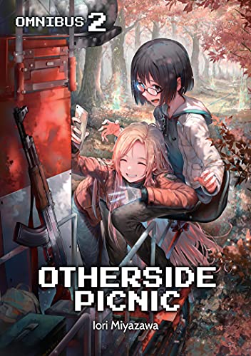 Two anime-style girls smiling in a forest, one taking a selfie next to a rifle.