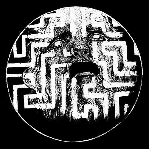 A black-and-white circular illustration of a screaming face with a maze pattern overlay.