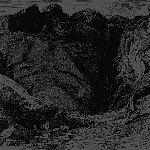 Black and white illustration of jagged mountains and a small figure.