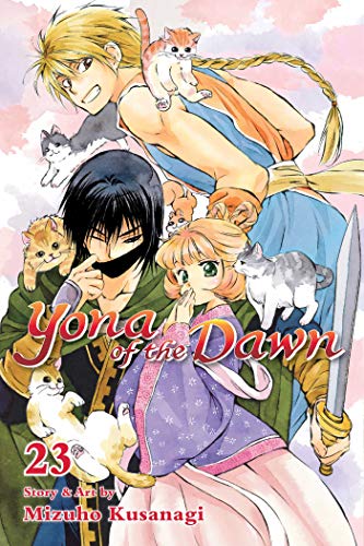 Yona of the Dawn manga volume 23 cover featuring three characters surrounded by kittens.