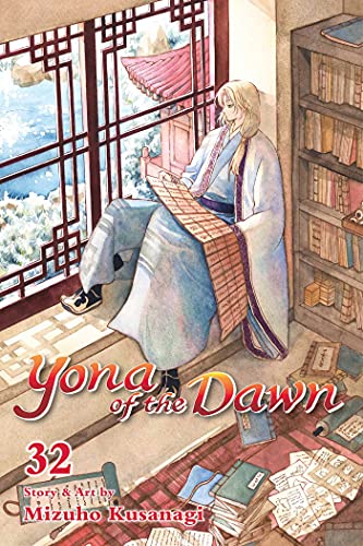 Manga volume cover: Yona sits reading by a window with a landscape view.