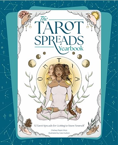 Book cover with illustrated figures and celestial motifs, titled “The Tarot Spreads Yearbook.”