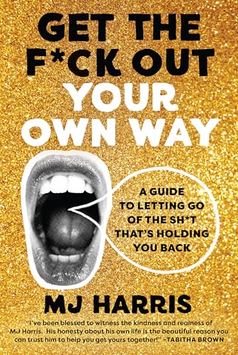 Gold glitter background with a book cover featuring an open mouth and bold text.