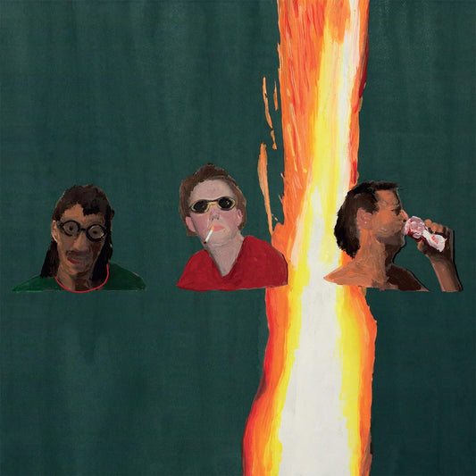Three portraits against a dark green background with a vertical streak of fire.