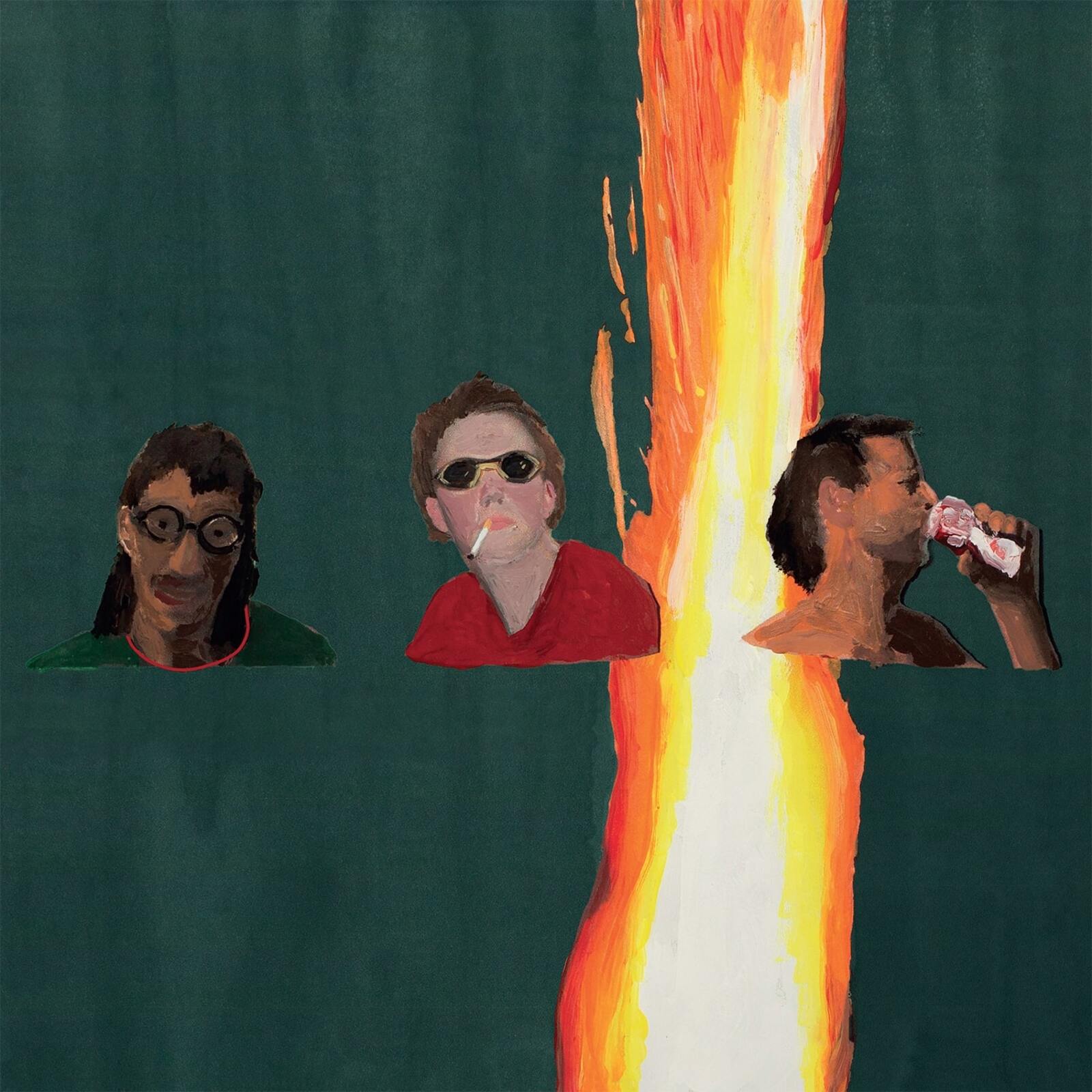 Painting of three figures against a dark green background with a vertical fire streak.