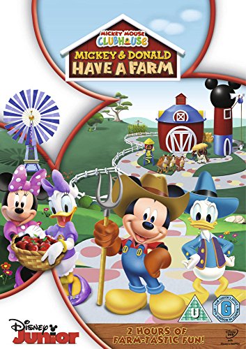 Mickey Mouse, Donald Duck, Minnie, and Daisy on a farm-themed Mickey Mouse Clubhouse DVD cover.
