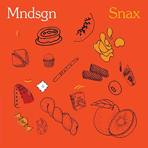 Mndsgn “Snax” vinyl album cover with hand-drawn illustrations of snacks.