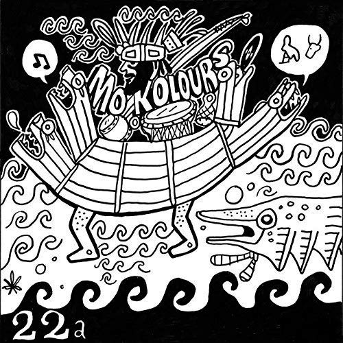 Black and white illustration of a fantastical creature surrounded by musical instruments and waves.