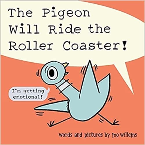Book cover: a light blue pigeon looks anxious near a roller coaster.