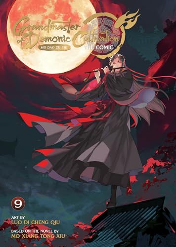 A man in black robes plays a flute before a large red moon.
