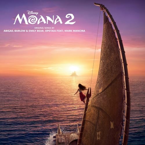 Moana climbing a sail against a vibrant ocean sunset.