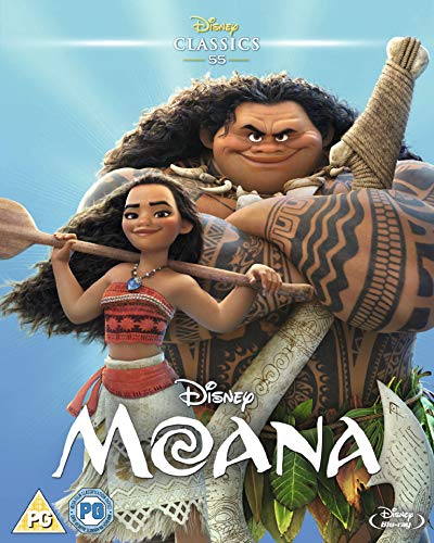 Moana and Maui, animated characters, on a blue and green background.