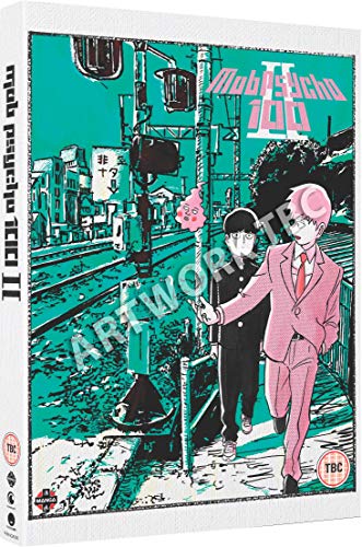 DVD cover art featuring Mob and Reigen walking near a train crossing, green background.