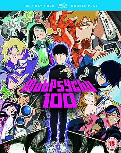 Mob Psycho 100" Season One Blu-ray/DVD cover featuring anime characters and glowing energy.
