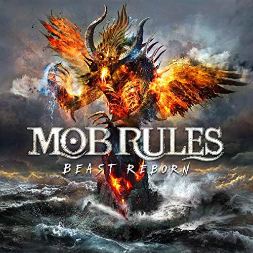 Fiery winged beast emerging from stormy ocean, album cover art.