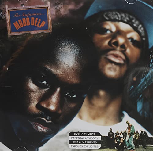 Close-up portrait of Mobb Deep members on The Infamous album cover with text.