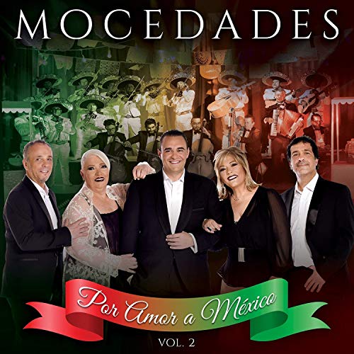 Five members of Mocedades pose in front of a mariachi band on this album cover.