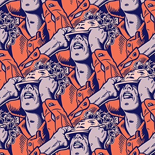 Repeating illustration of a person with a hat, orange and blue tones.