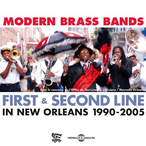 New Orleans brass band marching in a parade, album cover art.