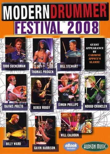 DVD cover for Modern Drummer Festival 2008, featuring 9 drummers in action shots.
