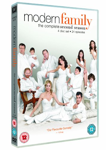 “Modern Family” Season 2 DVD cover featuring the cast in white clothing.