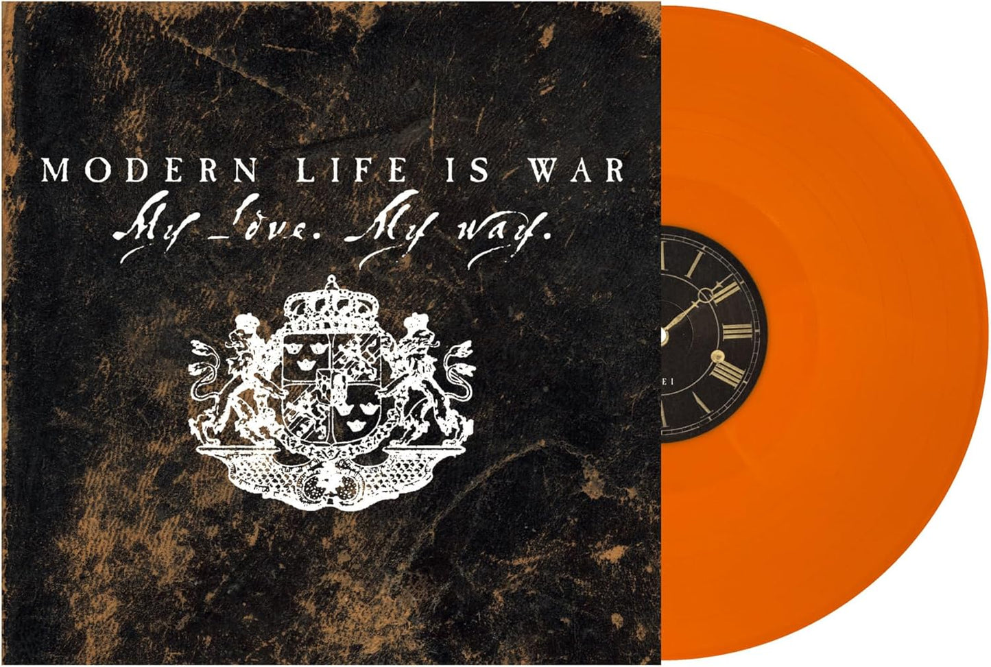 Orange vinyl record with text, crest, and clock imagery on label.