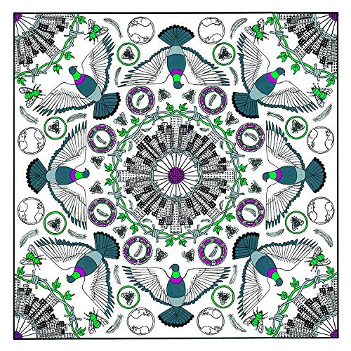 CD cover with repeating teal pigeons, cityscapes, and circular patterns.