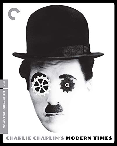 Black and white portrait of Charlie Chaplin with gear-shaped eyes.