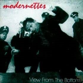 Album cover for Modernettes' View From The Bottom featuring figures in dark clothing.